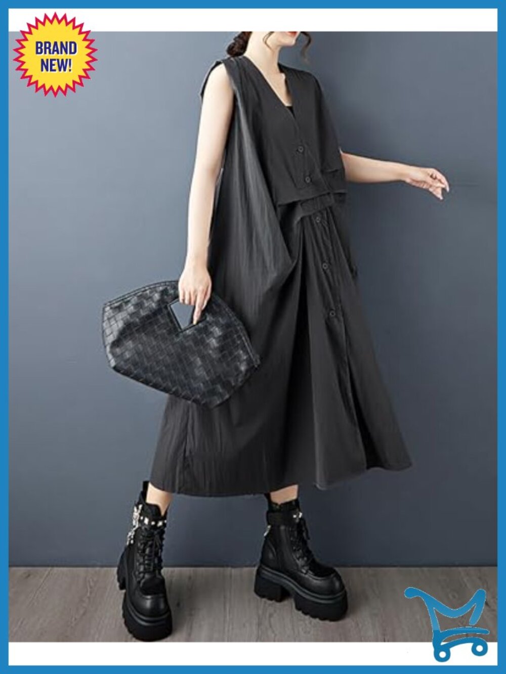 V-Neck Sleeveless Button Down Shift Dress with Side Pockets - Picture 2 of 5